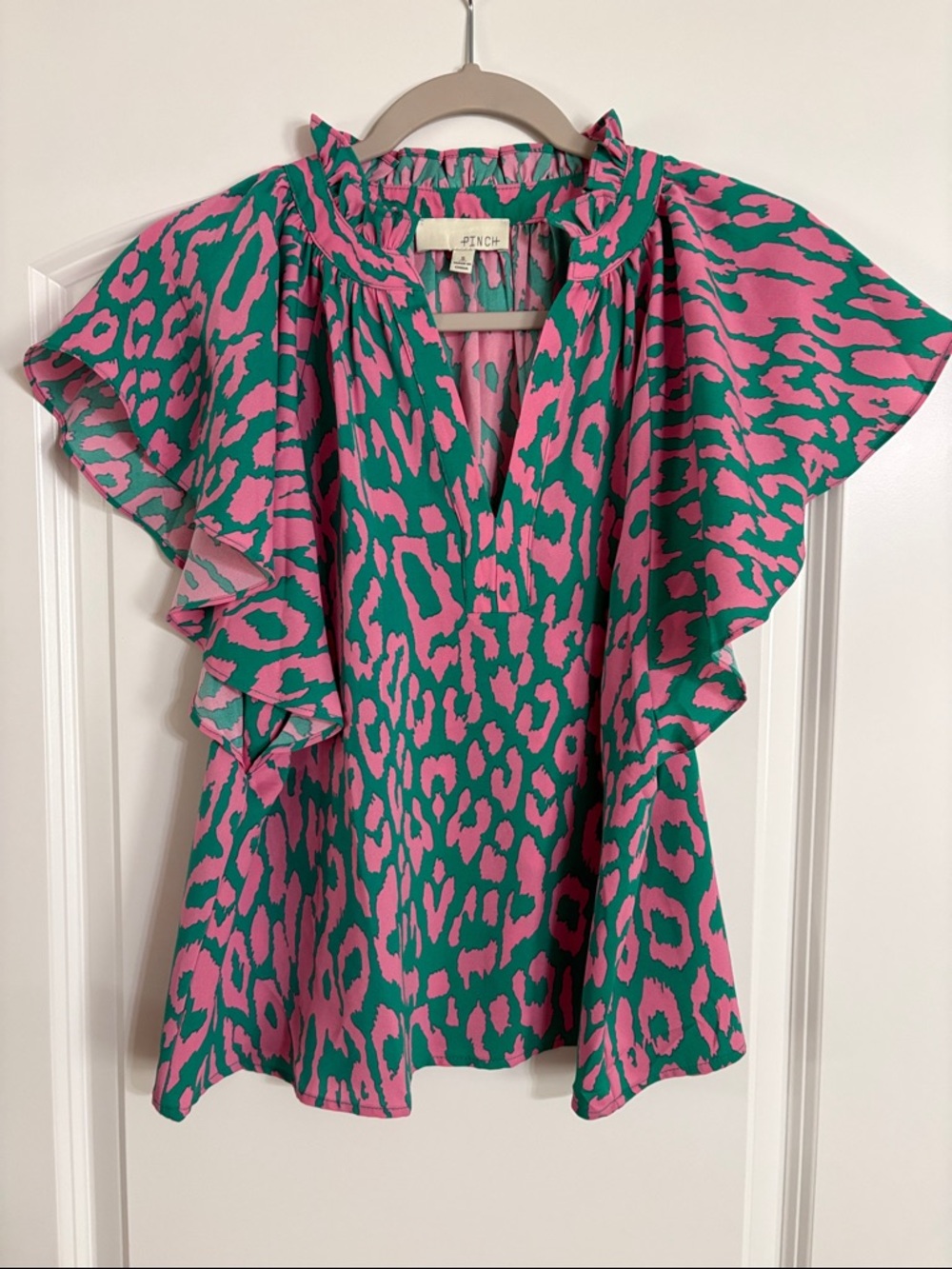 Pinch Pink & Green Animal Print Flutter Sleeve Blouse
